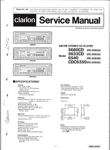 CLARION 5680CD,  5633CD, 6540, CDC6350 AM/FM STEREO CD PLAYER, SERVICE MANUAL - Picture 1 of 1