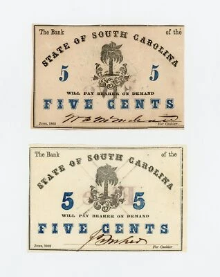 (Pair) Two Different 1862 5c The Bank of the State of SOUTH CAROLINA Notes - Image 1 of 3