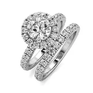 Halo 2.84 Ct G VS1 Round Cut Lab Grown Diamond Engagement Ring Matching Band Set - Picture 1 of 3