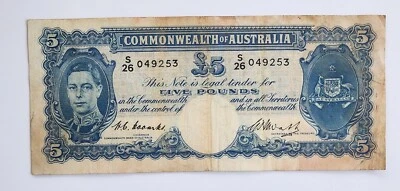 1949 Australian Five 5 Pounds Banknote Last Prefix Coombs/Watt - R47L  - image 1 of 4