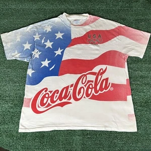 VTG 90s XL Coca Cola USA Olympics All Over Print American Flag T Shirt - Picture 1 of 8