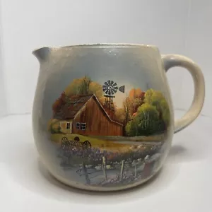 P.R. Storie Pottery Co. Marshall TX Stoneware Beige Pitcher w Homestead Scene - Picture 1 of 10
