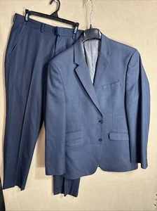 Mens Perry Ellis Slim Fit 2 Piece Suit Solid Blue 42L 35x31 Stretch Hopsack 2BTN - Picture 1 of 19