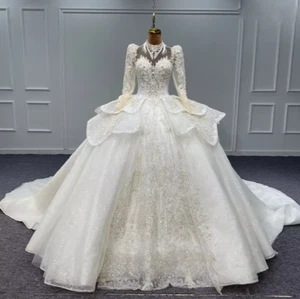 Luxury Long Sleeves Beaded Wedding Dresses Sparkly High Neck Bridal Gowns - Picture 1 of 8