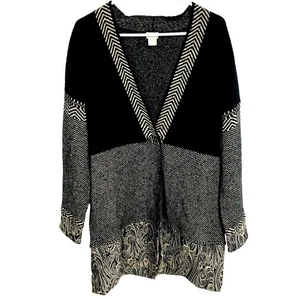 Chicos Cardigan Sweater Black Gold Patchwork Tapestry Knit Size L - Picture 1 of 12