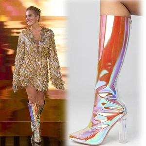 Botas hasta la rodilla con punta de pasarela para mujer tacón alto sexy club nocturno moda dama - Imagen 1 de 25