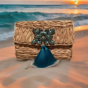 Cartera bandolera Sea Grass verde azulado pedrería borlas playa tropical - Imagen 1 de 8