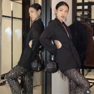 Pantalones Zara negros con flecos de lentejuelas transparentes M - Imagen 1 de 14
