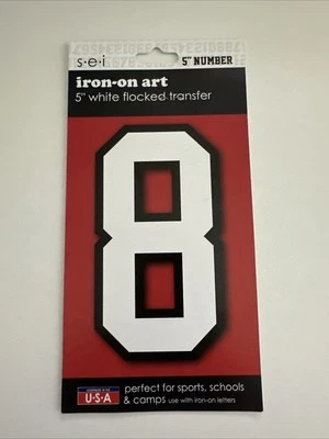 SEI White Flocked Transfer 5 inch Number 8 Iron-on Art 885533  varsity athlete - Image 1 of 2