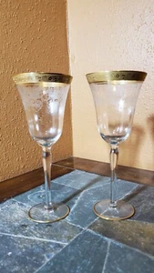 UNK106 Gold Encrusted Water Goblets~Etched Basket~Bulb Stem 8 3/4" Set of 2 - Picture 1 of 7