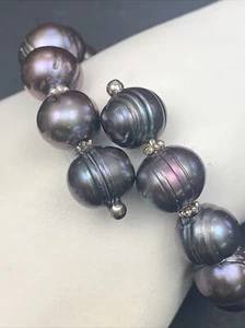 Silver Extra Large Freshwater Peacock Purple Blue  Beaded Flex Wire Bracelet - Picture 1 of 10