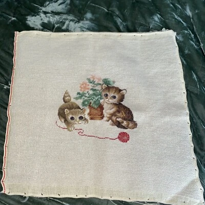 Needlepoint Kitty Cat Chair Cushion Cover Or Wall Hanging  16X17” - Image 1 of 4