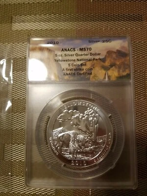 ANACS 5 Oz ATB 2010 Yellowstone MS70 Silver First Strike RARE! AG .999 - Image 1 of 4