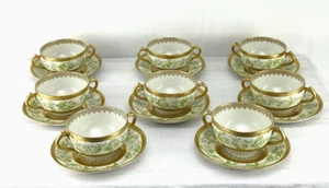 Set of 8 GDA Ch Field Haviland Limoges Soup Bouillons & Saucers - Green Floral - Picture 1 of 21