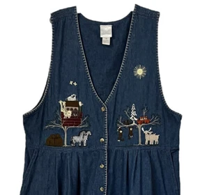 Christopher Banks Denim Dress Jumper 16 Modest Noahs Ark Embroidery Button Front - Picture 1 of 23