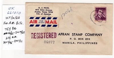 #1052 Liberty $1 Henry Solo Austin TX - Manila Philippines 1966 Airmail Register - Image 1 of 2
