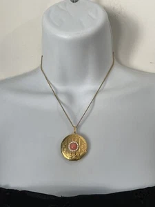 Vintage Goldtone Chain Ornate Locket Pendant Faux Pearl Coral Colored Cabochon - Picture 1 of 10