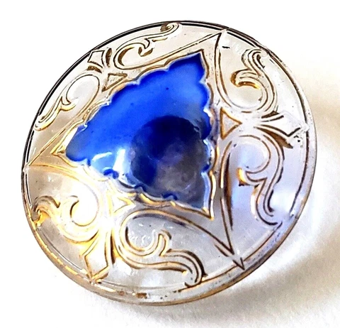 Victorian Glass Antique Button Clear with Cobalt and Gold Trim Domed 15/16" Cover