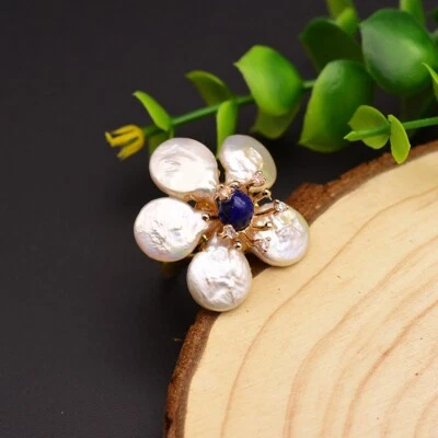 D17 Anello Fiore Di Perle di Acqua Dolce E Blu Lapislazzuli Argento 925 Dorato - Immagine 1 di 4