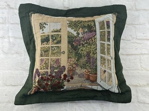 Floral Tapestry 17” Throw Pillow Outdoor Patio Garden French Doors Potted Plants - Picture 1 of 6