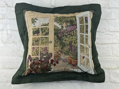 Floral Tapestry 17” Throw Pillow Outdoor Patio Garden French Doors Potted Plants - Image 1 of 4