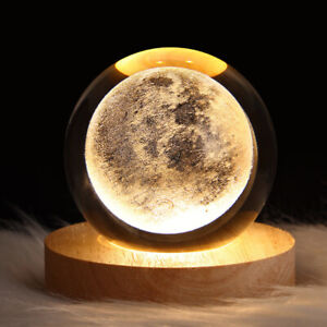 Lampada luna idea regalo sfera 3d di cristallo base legno luce lume da notte