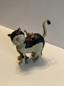 Suzi Skoglund Katze mit 2 Kätzchen Volkskunst Figur verspielt - Bild 1 von 7