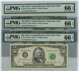 FR. 2121-B $50 1981A 3 Consecutive Federal Reserve Notes 66 EPQ PMG DC-2490 - Picture 1 of 3