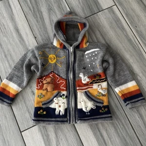 Hand Made Peruvian Knit Sweater Kids Zip Up Embroidered Sun Animals 2-3 Yrs - Picture 1 of 11
