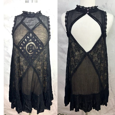 Free People Angel Mini Dress Sheer Black Gauze Boho Crochet Lace victorian goth - Image 1 of 4
