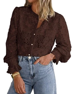 Women's Dressy Casual Lace Blouse Long Sleeve Button Up Shirts Tops Spring Fa... - Picture 1 of 9