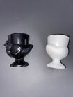 Pair Of Vintage Retro 1970S French Glass Chicken Hen Egg Cups Black And White Vgc
