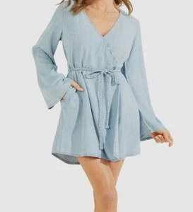 Guess Women's Blue Zinnia Long-Bell-Sleeve Lyocell Wrap Belted Dress Size L - Picture 1 of 3