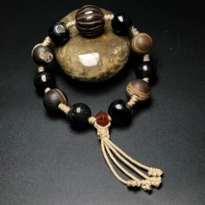 Pulsera de cuentas Dzi de ágata tibetana natural encanto amuleto pulsera talismán budista - Imagen 1 de 9