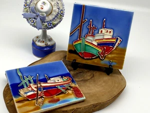 Vintage Ceramic Cork Sailing Design Bright Colours Coasters for Two - Picture 1 of 12