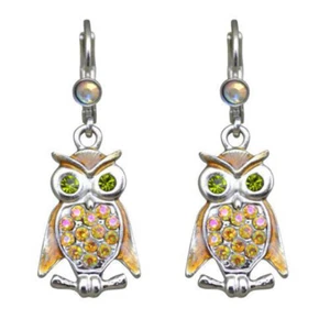 Kirks Folly Woodland Baby Owl Enameled Leverback Earrings Silvertone w/Crystals - Picture 1 of 2