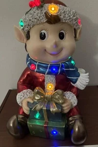 Light Up Sitting Elf With Gifts Christmas Decoration 14” Resin Kringle Express - Picture 1 of 7