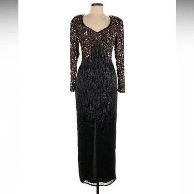Vintage 90s Fully Beaded Silk Gown Lilie Rubin Black Long Sleeve Open Back Dress - Image 1 of 4