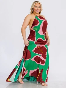 Plus Size Sleeveless Maxi Dress 1X Open Back Halter Neckline - Picture 1 of 3