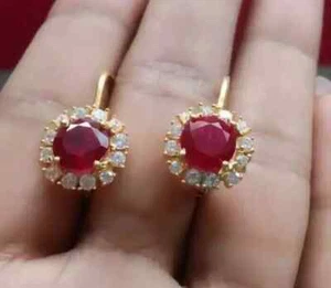 Lab Created Ruby Red Drop-Dangle Earring 14K Yellow Gold Plated 2 Ct Round Cut - Picture 1 of 4
