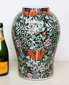 Antique Style Chinese Porcelain Vase LARGE Vintage Bright Floral Decor on Black - Picture 1 of 21