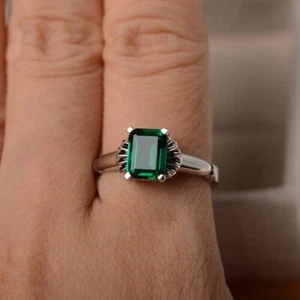 Unique Green Emerald Ring 925 Sterling Silver Lab Created Gemstone Women Ring - Picture 1 of 5