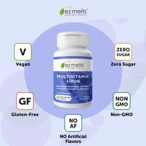 EZMelts MultiVitamin + Iron dissolving vitamins 60 tabs per bot no water needed - Picture 1 of 6
