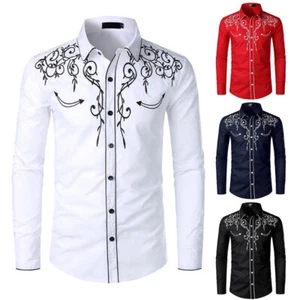 Mens Western Cowboy Shirt Long Sleeve Retro Embroidery Casual Buttons Down Shirt - Picture 1 of 14