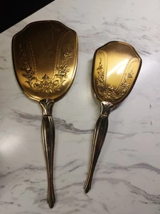 Vintage Waschtisch Set Spiegelbürste Bürste Floral Metall goldfarben - Bild 1 von 13