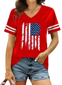 American Flag Shirts Women Patriotic Shirt 4th of July Tee Tops V-Neck Short ... - Picture 1 of 4