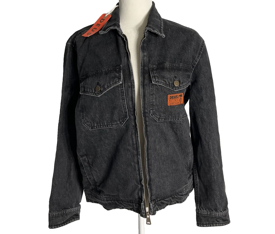 ¡NUEVO CON ETIQUETAS!  Chaqueta de mezclilla Deus Ex Machina Ortiz Garage gris negra cremallera completa pequeña para hombre Foto 1 de 4