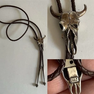 Vintage STERLING Silver Signed S.T.C Bull Skull Slide BOLO TIE Leather Ties - Picture 1 of 14