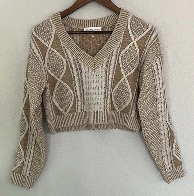 Suéter para mujer Willow & Wind beige tejido con cable recortado cuello en V talla S Foto 1 de 4