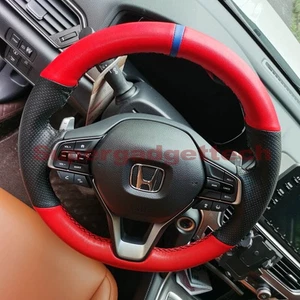 Red&Black Hole Leather Steering Wheel Hand Sewing Wrap Cover For Honda Accord - Picture 1 of 8